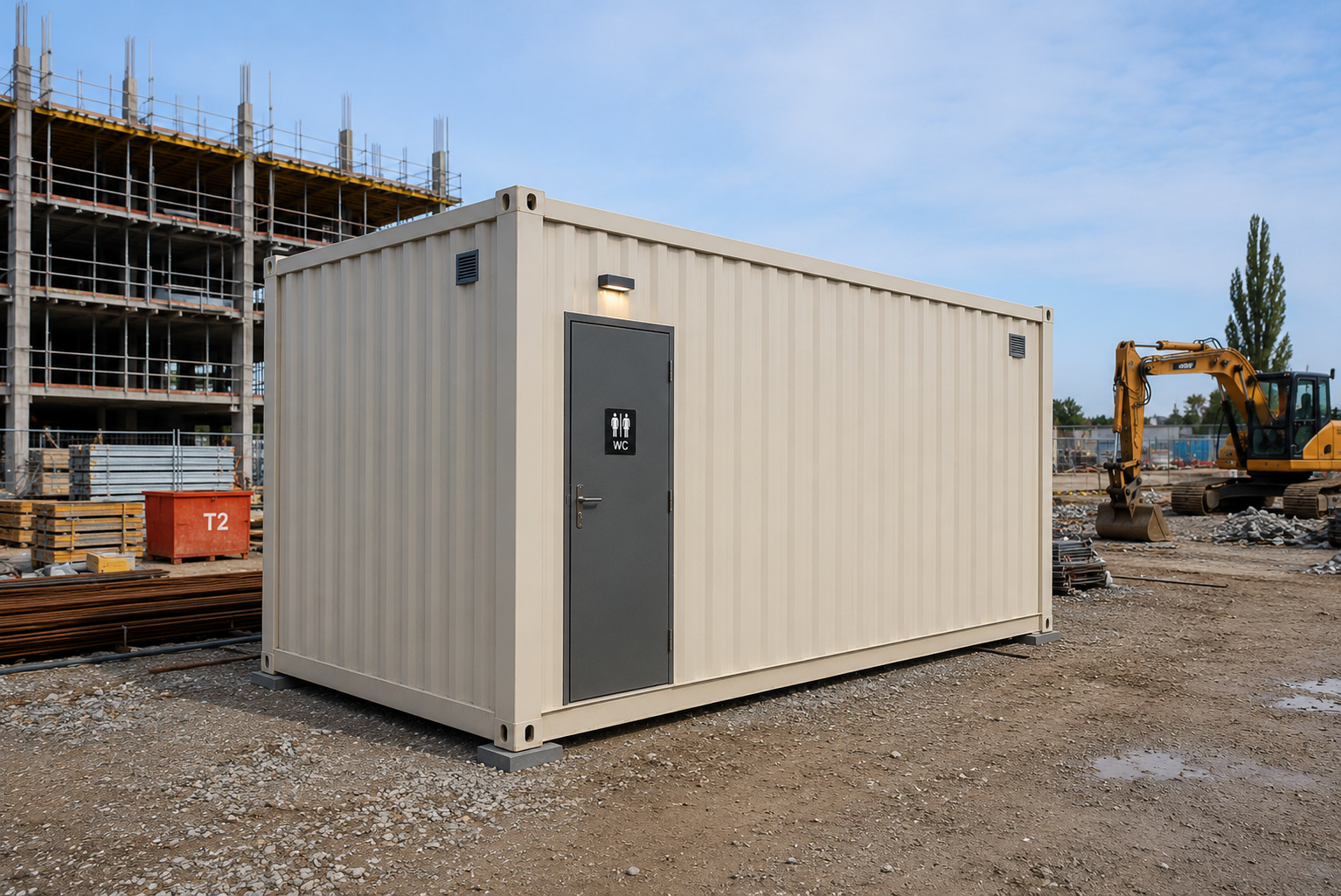 Construction site with portable toilet unit